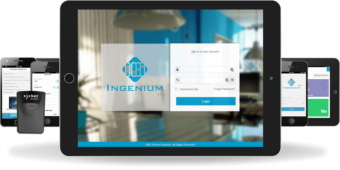 Ingenium asset tracking software running on several device screens.